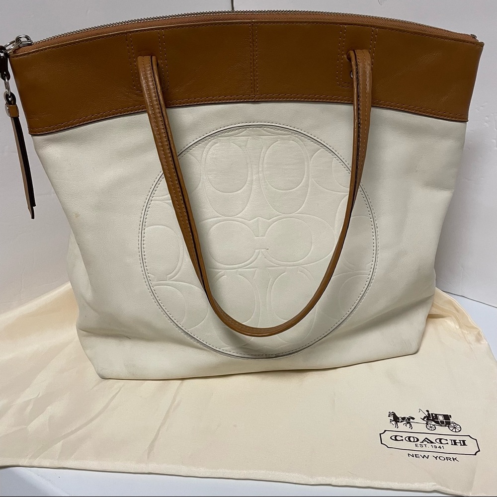 Coach Signature Large Laura Leather Tote, in White/ Toffee